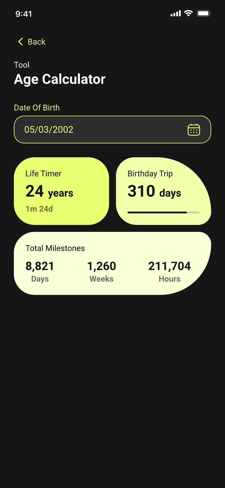 SmartCalc Age Calculator showing Life Timer, Birthday Trip countdown and Total Milestones in days, weeks and hours SmartCalc Age Calculator showing Life Timer, Birthday Trip countdown and Total Milestones in days, weeks and hours