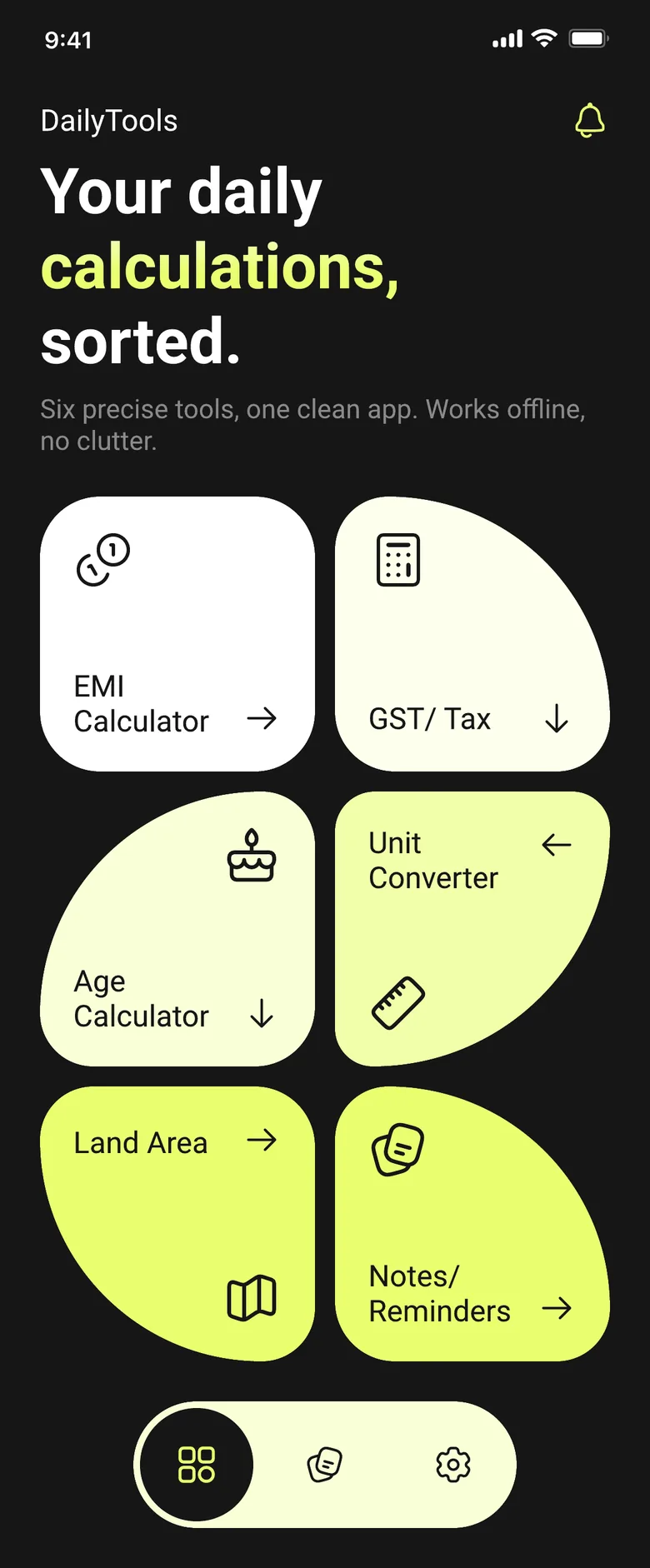 SmartCalc app home screen showing six tool cards: EMI Calculator, GST/Tax, Age Calculator, Unit Converter, Land Area, and Notes/Reminders SmartCalc app home screen showing six tool cards: EMI Calculator, GST/Tax, Age Calculator, Unit Converter, Land Area, and Notes/Reminders