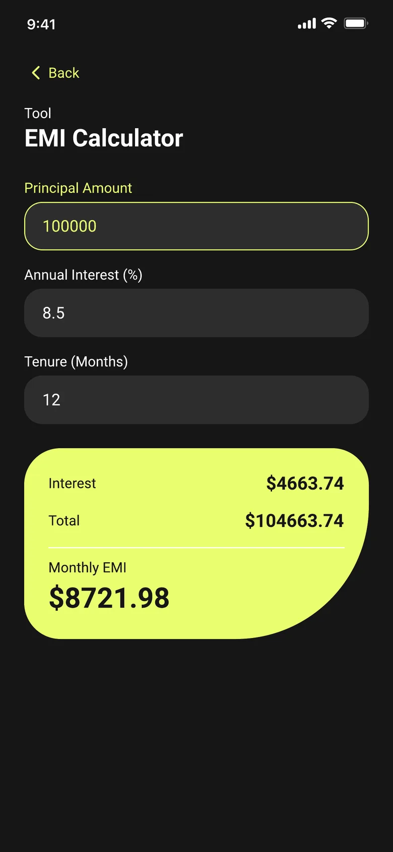 SmartCalc EMI calculator showing principal amount, annual interest, tenure, and a monthly EMI result of $8721.98 SmartCalc EMI calculator showing principal amount, annual interest, tenure, and a monthly EMI result of $8721.98