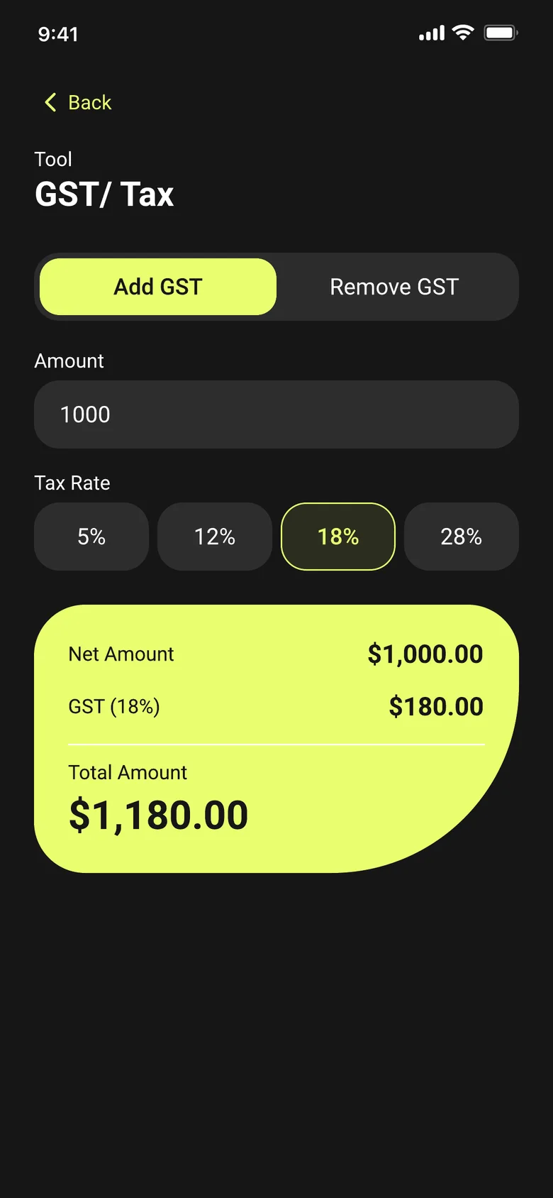 SmartCalc GST calculator with Add GST selected, an amount of 1000, an 18% tax rate, and a total of $1180.00 SmartCalc GST calculator with Add GST selected, an amount of 1000, an 18% tax rate, and a total of $1180.00