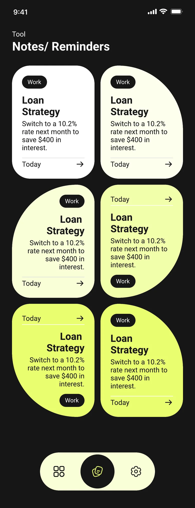 SmartCalc Notes and Reminders screen with a Work-tagged note titled Loan Strategy SmartCalc Notes and Reminders screen with a Work-tagged note titled Loan Strategy