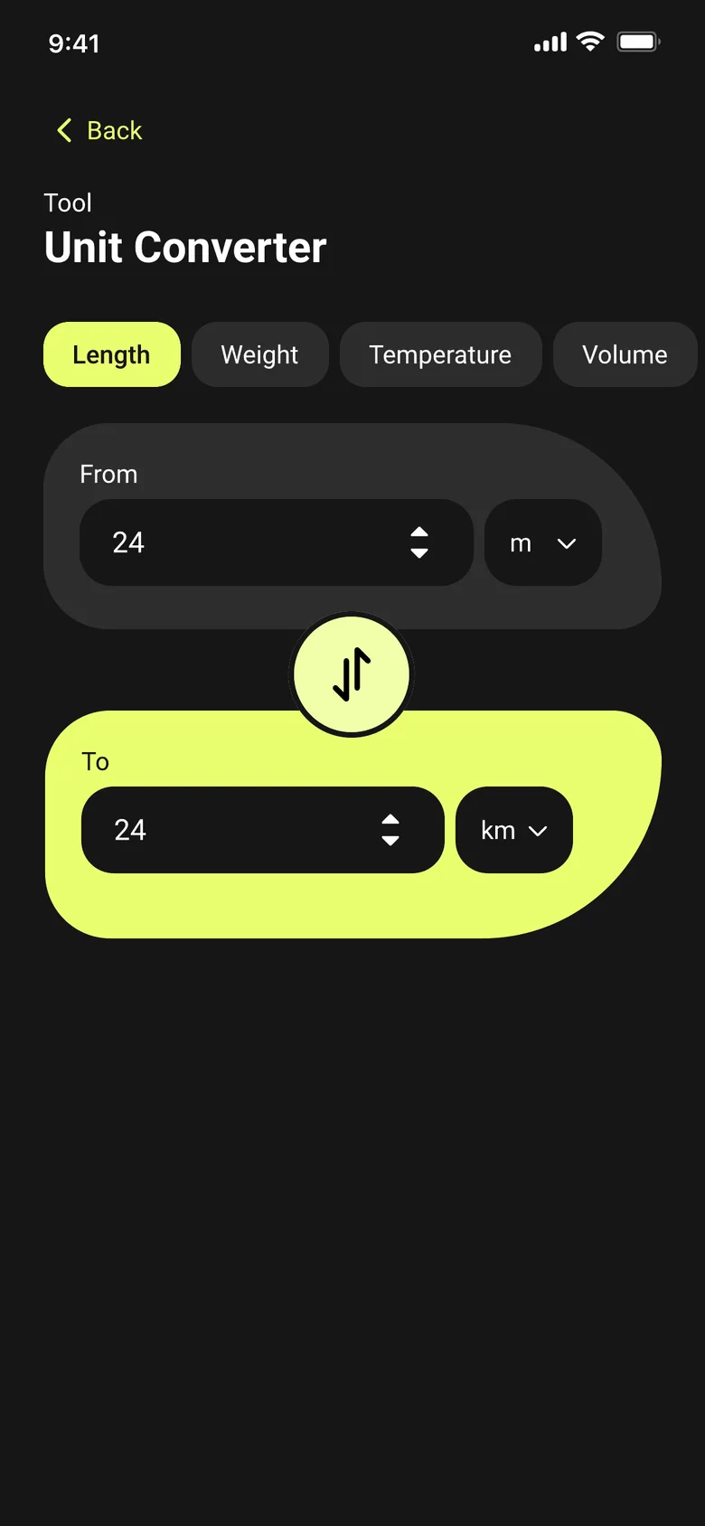 SmartCalc Unit Converter with Length category selected, converting 24 meters to kilometers SmartCalc Unit Converter with Length category selected, converting 24 meters to kilometers